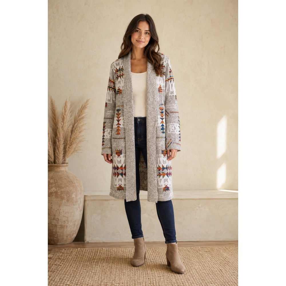 Northern Angel Long Open Front Southwest Pattern Cardigan Duster Sweater Large